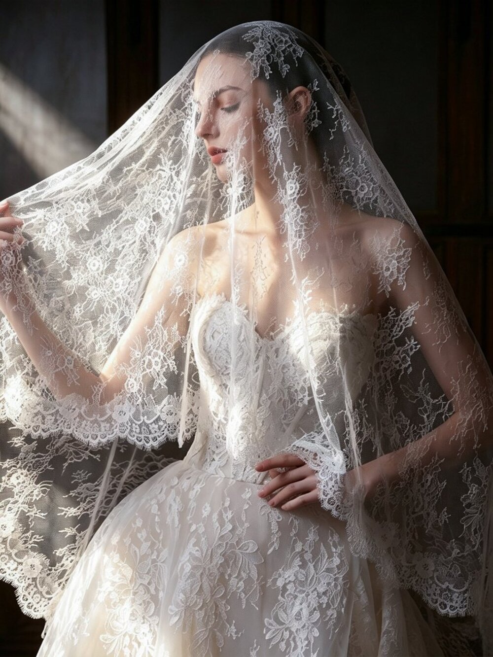 Cathedral Length Heavy Embroidery Floral Lace Wedding Veil 63"x118"